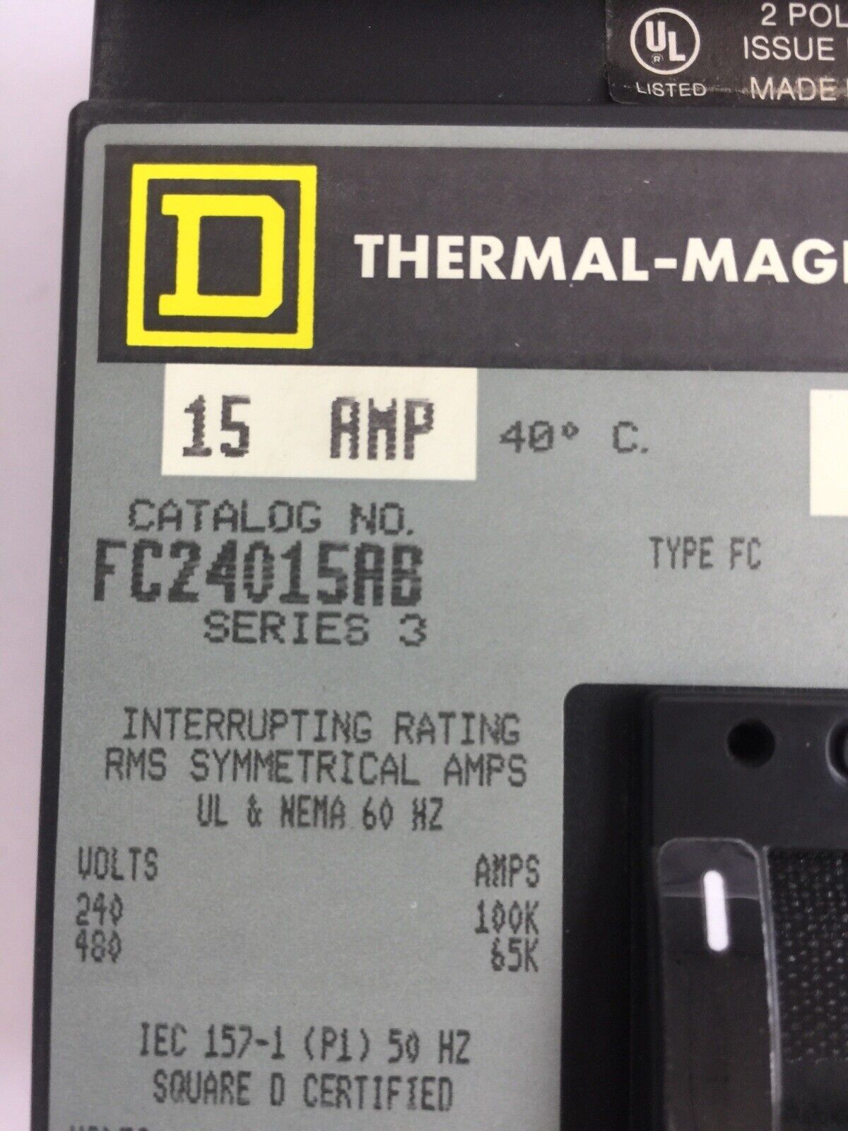 SQUARE D FC24015AB THERMAL-MAGNETIC CIRCUIT BREAKER SERIES 3 15AMP 2POLE 480VAC