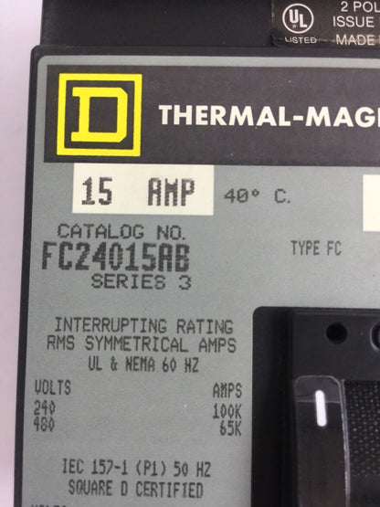 SQUARE D FC24015AB THERMAL-MAGNETIC CIRCUIT BREAKER SERIES 3 15AMP 2POLE 480VAC