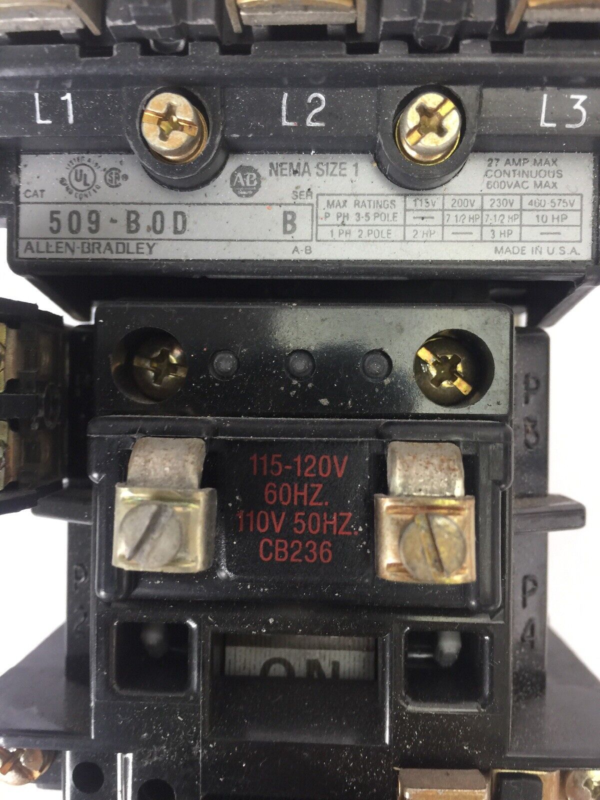ALLEN BRADLEY 509-B0D SIZE 1 STARTER 600VAC 27AMP 10HP W53 HEATERS 120V COIL
