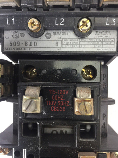 ALLEN BRADLEY 509-B0D SIZE 1 STARTER 600VAC 27AMP 10HP W53 HEATERS 120V COIL