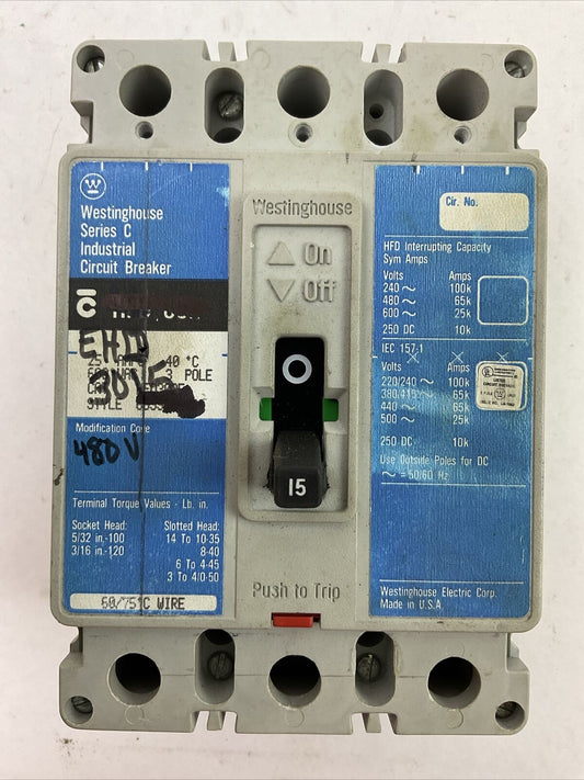 WESTINGHOUSE EHD3015 INDUSTRIAL CIRCUIT BREAKER 480VAC 250VAC 15AMP 3POLE SER C