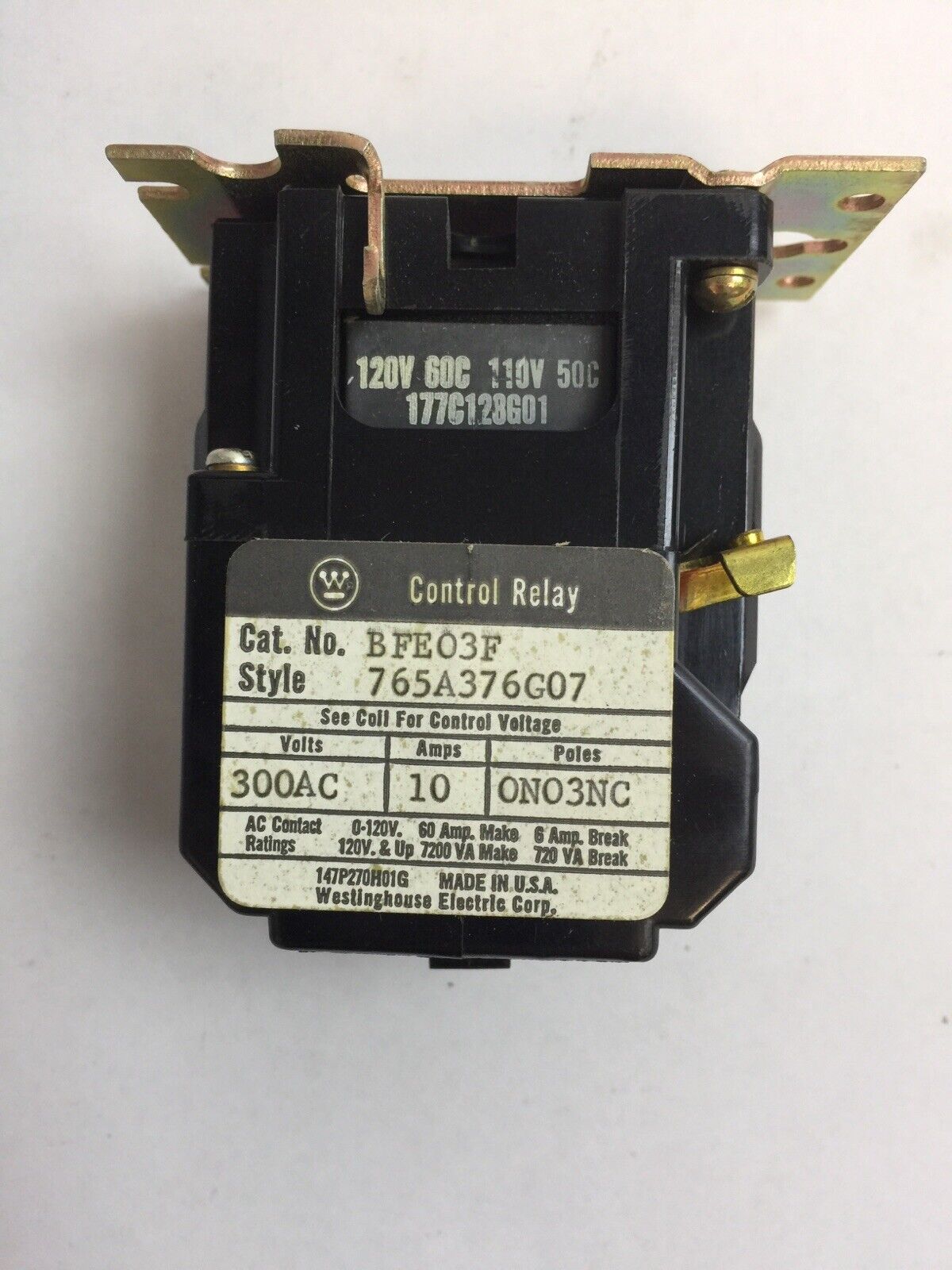 WESTINGHOUSE BFE03F CONTROL RELAY 300VAC 10A 765A376G07 COIL 120V 60C 177C128G01