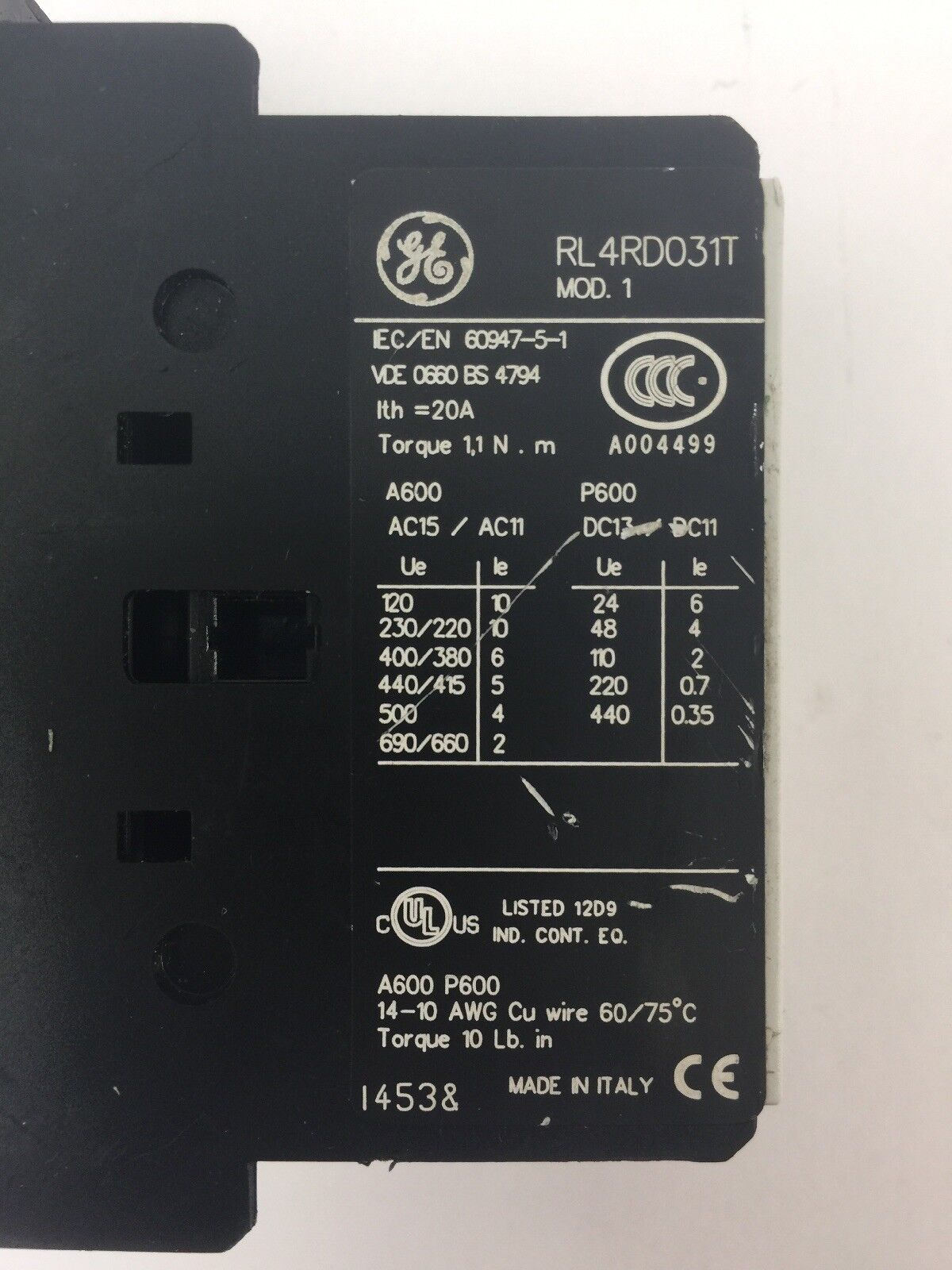 GE RL4RD031T CONTROL RELAY LB1DD COIL 24VDC