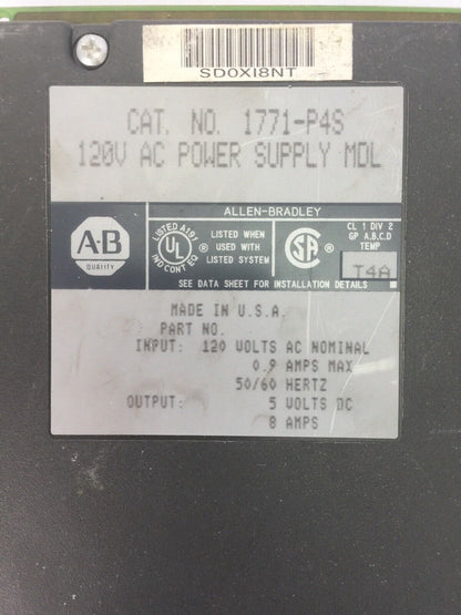ALLEN BRADLEY 1771-P4S 120V AC POWER SUPPLY MDL OUTPUT 5VDC 8AMPS