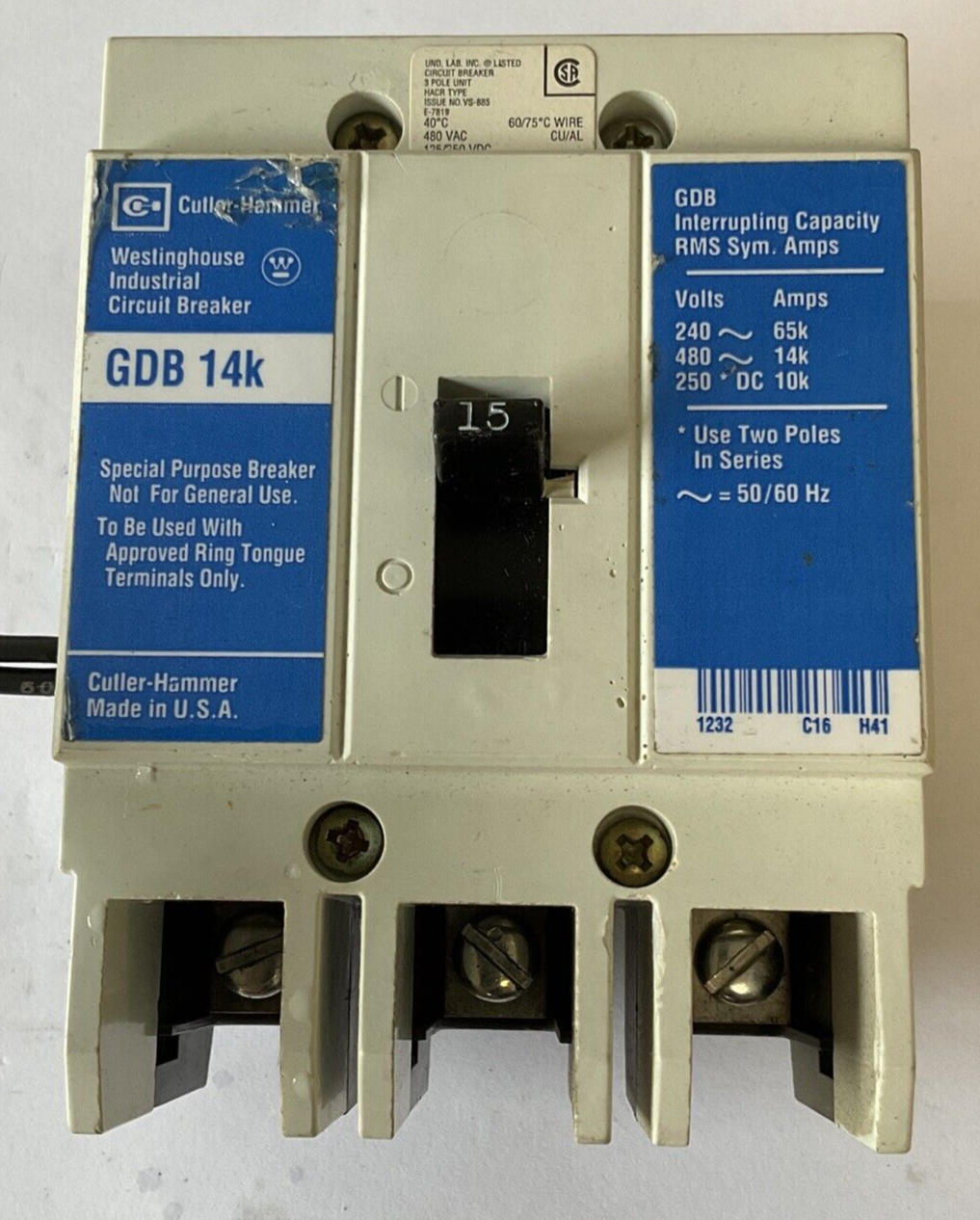 WESTINGHOUSE GDB 14K CIRCUIT BREAKER 15A 480VAC 3POLE 50/60HZ GDB3015DS1