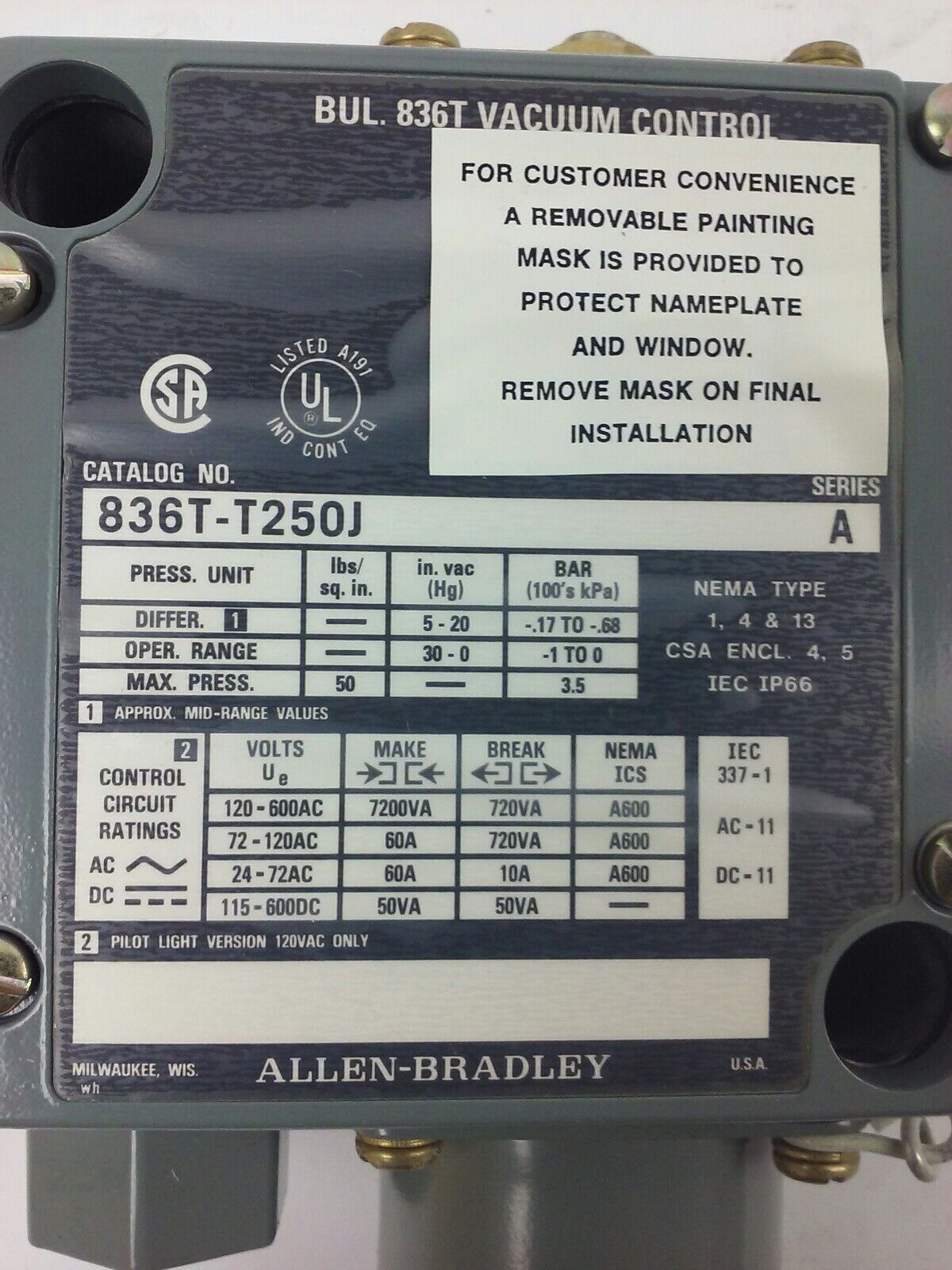 ALLEN BRADLEY 836T-T250J, SERIES A, INDUSTRIAL PRESSURE SWITCH, NEW