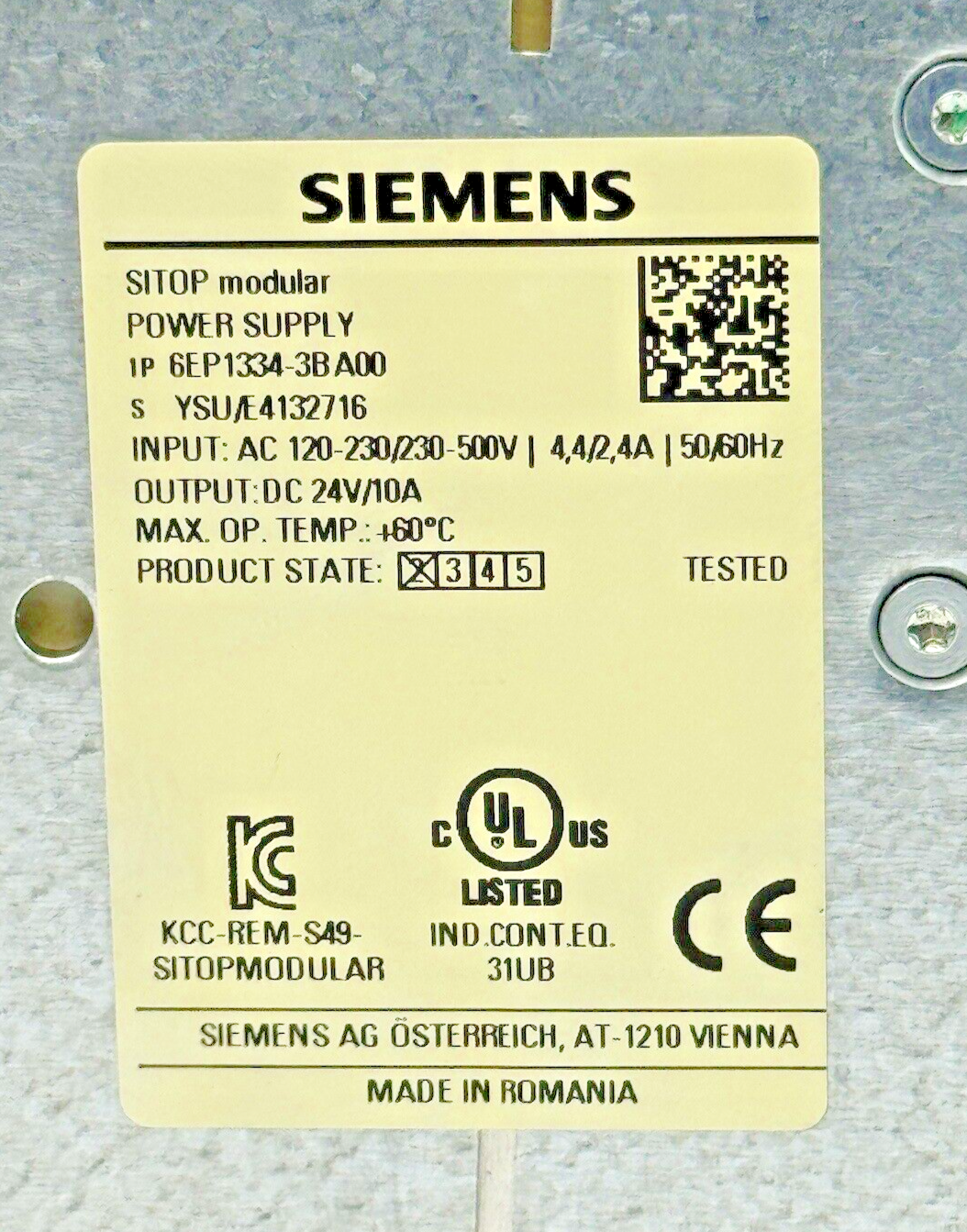SIEMENS - 6EP1334-3BA00 - SITOP PSU200M POWER SUPPLY - 10A, 24 VDC, 50/60 Hz