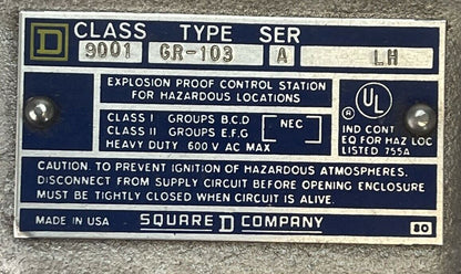 SQUARE D CLASS 9001 TYPE GR-103 SER A PUSHBUTTON STOP STATION 600VAC