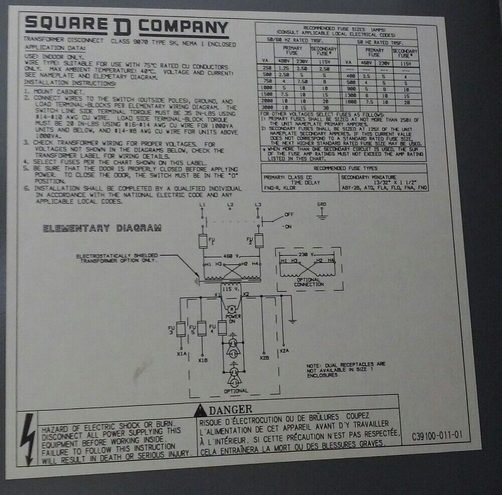 SQUARE D TRANSFORMER DISCONNECT CLASS 9070 TYPE SK1000G2 SERIES A, 600VAC MAX