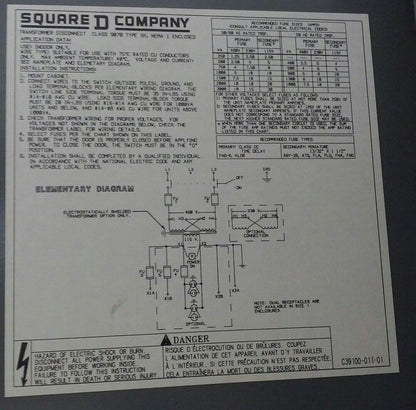 SQUARE D TRANSFORMER DISCONNECT CLASS 9070 TYPE SK1000G2 SERIES A, 600VAC MAX