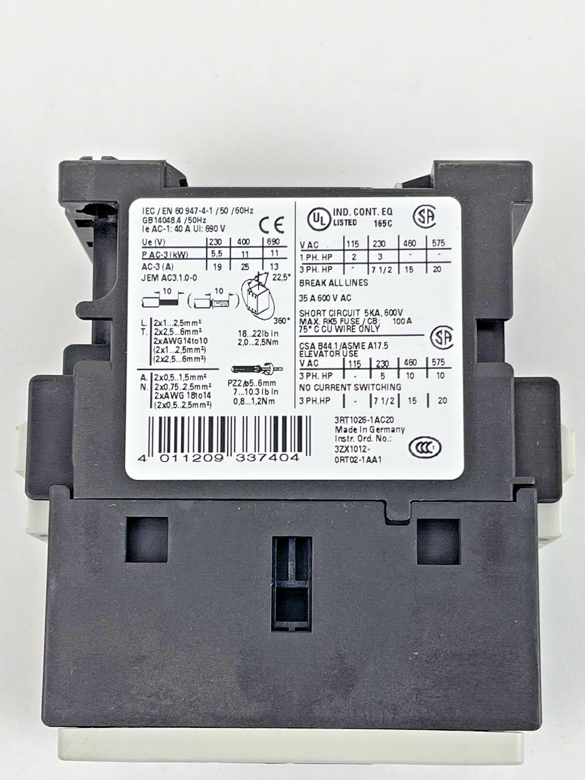 SIEMENS - 3RT1026-1AC20 -CONTACTOR AC-3 25 A, 11 kW / 400 V 24 V AC, 50/60 Hz 3P