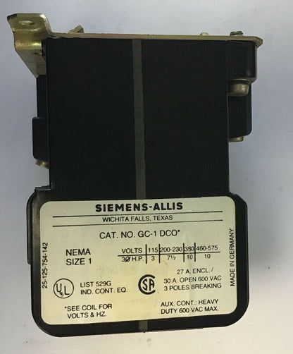 SIEMENS-ALLIS GC-1 DC0 RELAY 460-575V 10H.P 600VAC MAX