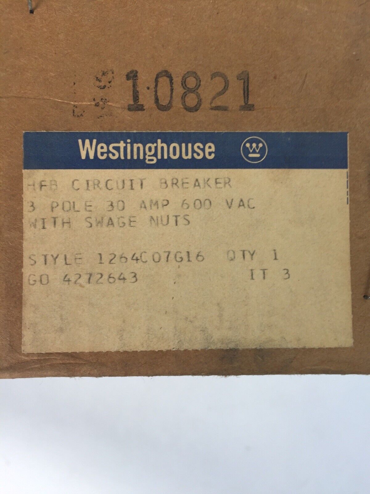 WESTINGHOUSE CIRCUIT BREAKER 30AMP 3POLE 600VAC 1264C07G16