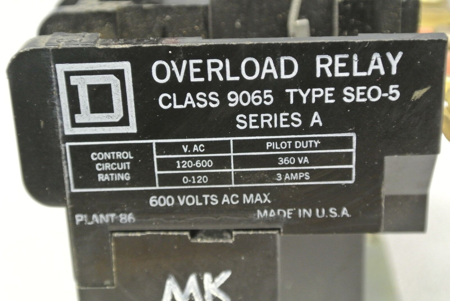 SQUARE D 9065 SEO-5 THERMAL OVERLOAD RELAY / 600VAC / 360VA / 0-120VAC / 3A