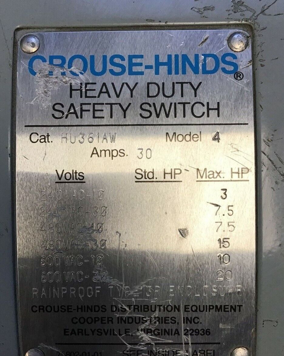 CROUSE-HINDS HU361AW HEAVY DUTY SAFETY SWITCH 30A 600VAC 3 POLES MODEL 4