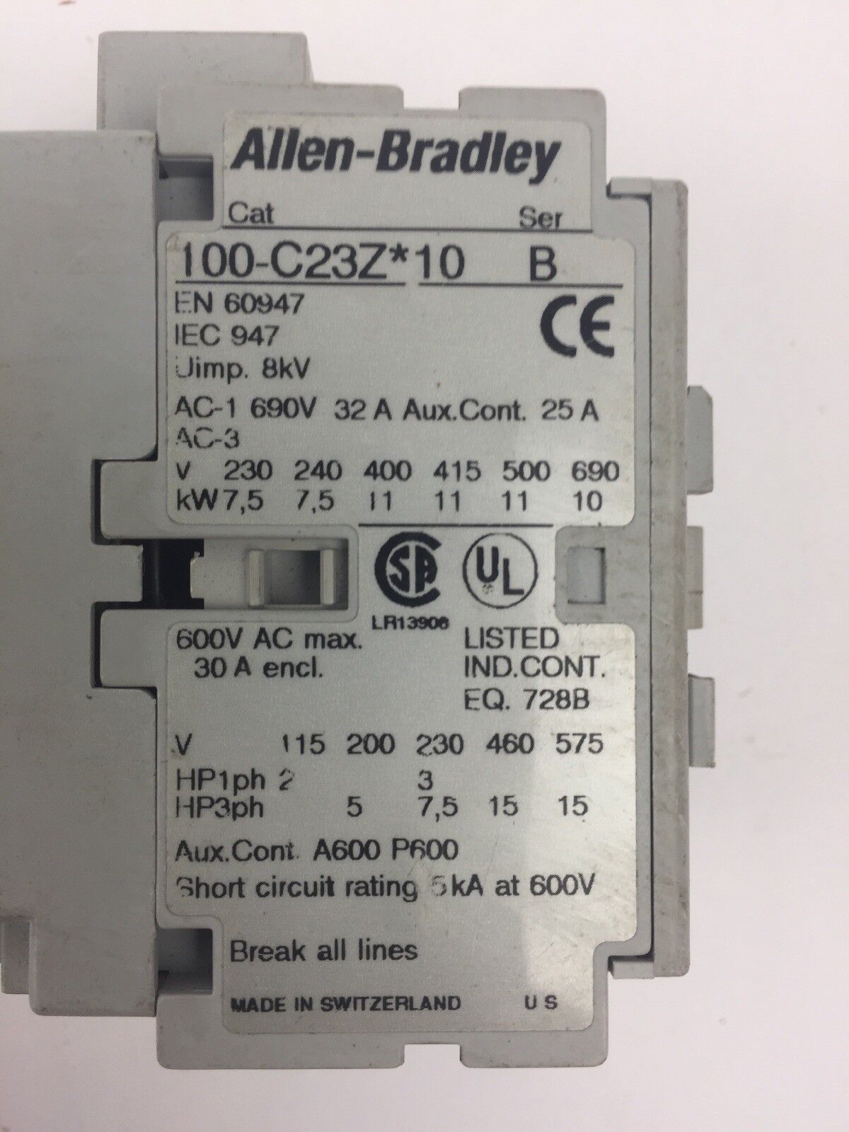 ALLEN BRADLEY 100-C23Z*10 CONTACTOR SER B 600VAC 30A COIL 24VDC