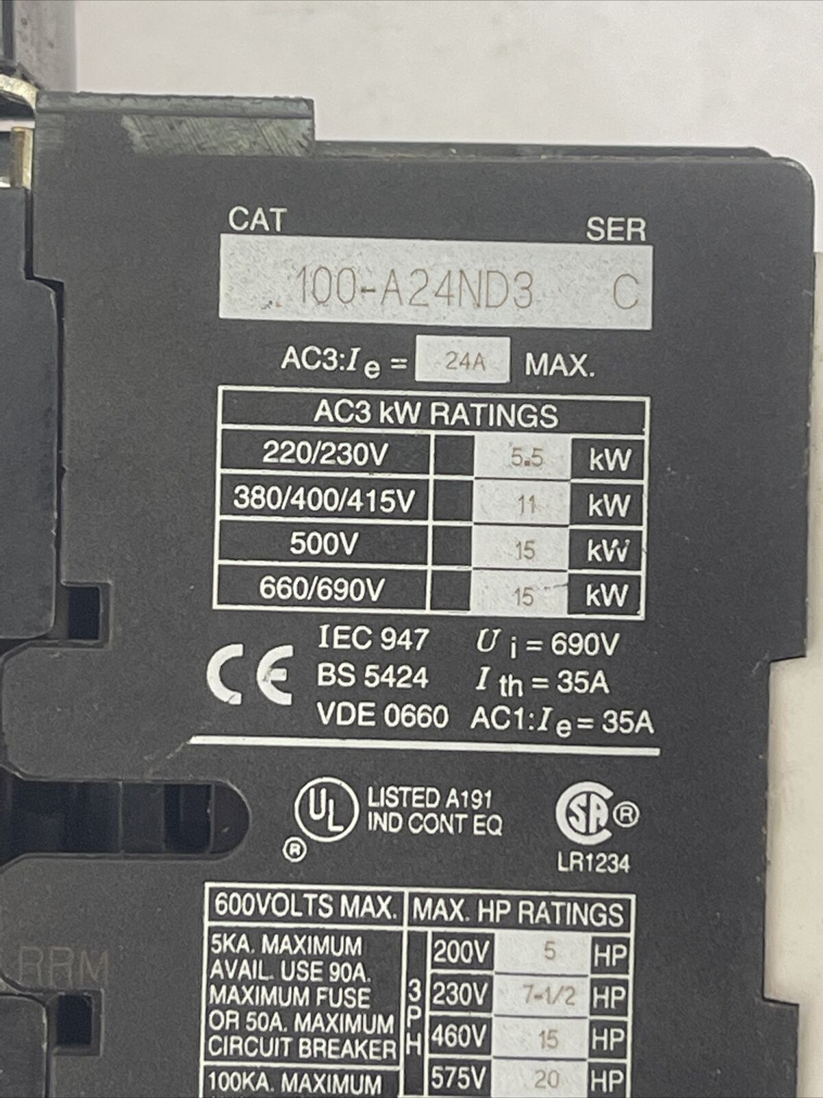 ALLEN BRADLEY STARTER 100-A24ND3 SER C CONTACTOR 24A 600VAC 20HP COIL 120V 60HZ