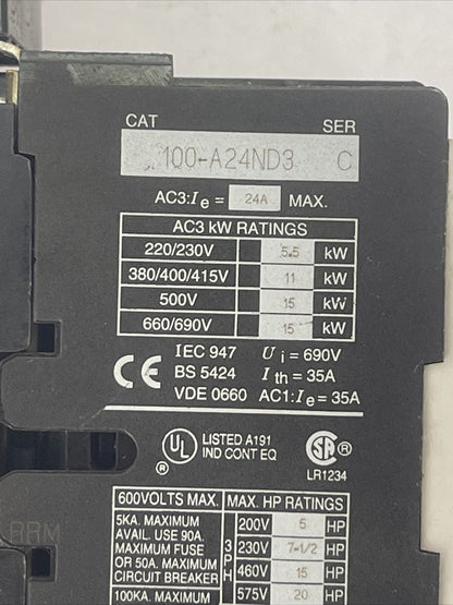 ALLEN BRADLEY STARTER 100-A24ND3 SER C CONTACTOR 24A 600VAC 20HP COIL 120V 60HZ