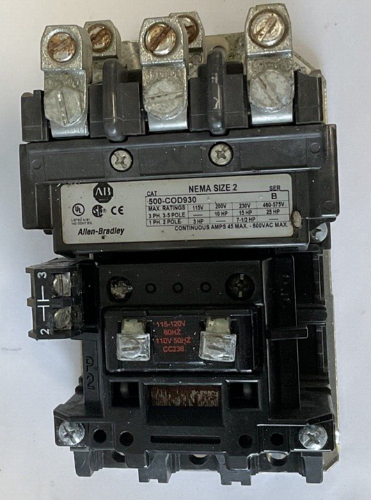 ALLEN BRADLEY 500-COD930 CONTRACTOR NEMA SIZE 2 SER.B 600VAC 25HP 45A