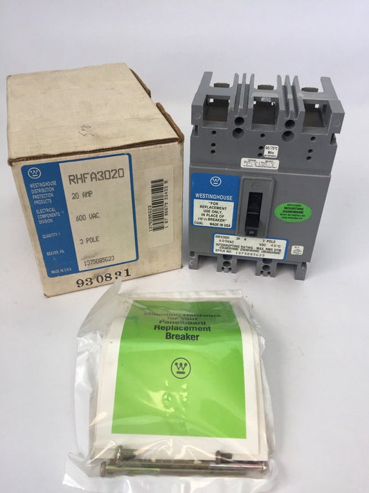 WESTINGHOUSE RHFA3020 CIRCUIT BREAKER 20AMP 600VAC 3POLE 1375D85G23