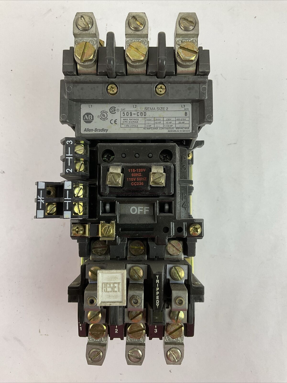 ALLEN BRADLEY 509-COD SIZE 2 STARTER SER B 45A 600VAC COIL 115-120V W/W61 HEATER