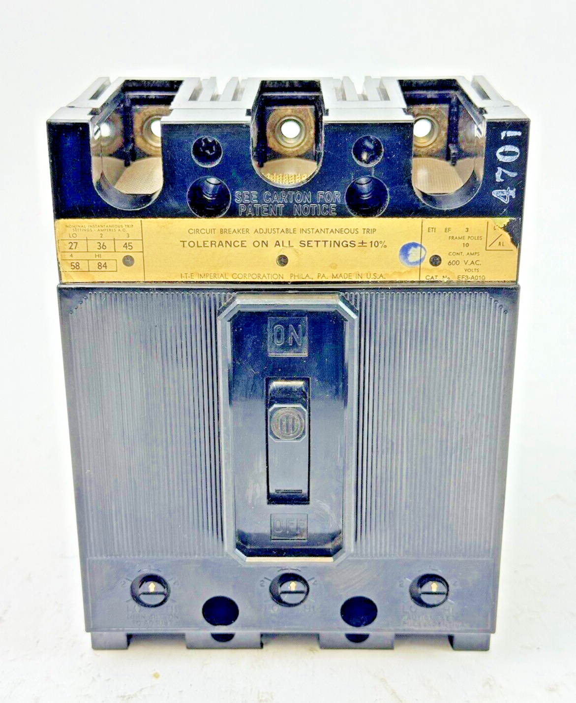 ITE / SIEMENS - EF3-A010 - MOLDED BREAKER W/ ADJ. TRIP - 3 POLE/10A/600 VAC