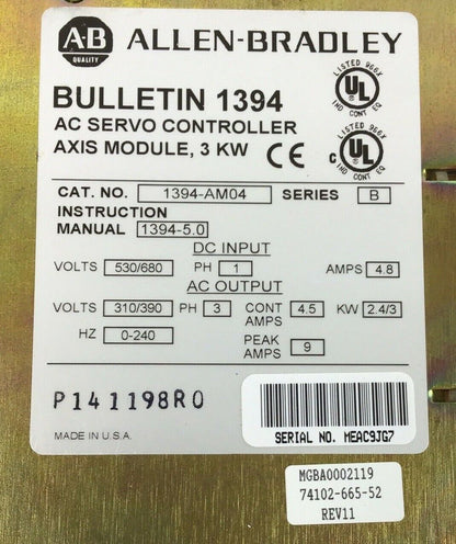 ALLEN BRADLEY 1394-AM04 SERVO CONTROLLER SER.B 530/680V 4.8AMPS 0-240HZ LOTOF2