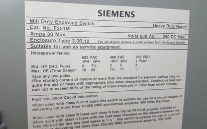 Siemens F351M Enclosed Switch - New No Box 30a 600v Enclosure 3,3R, 12