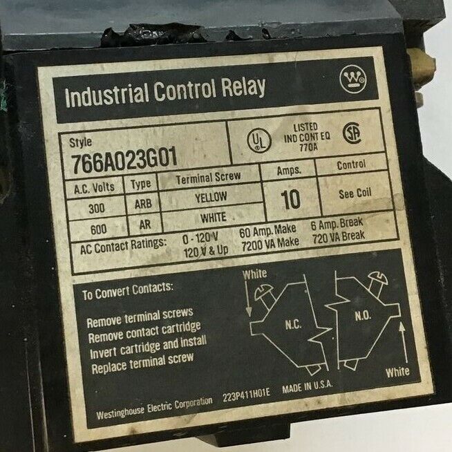 WESTINGHOUSE 766A023G01 INDUSTRIAL CONTROL RELAY 10A 600VAC