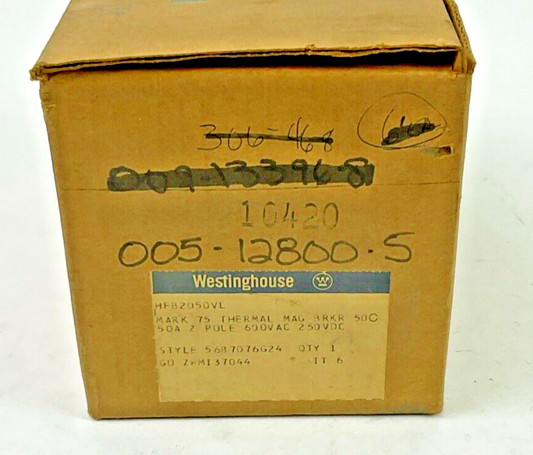 WESTINGHOUSE HFB2050VL CIRCUIT BREAKER 50A 2POLE 600VAC 250VDC