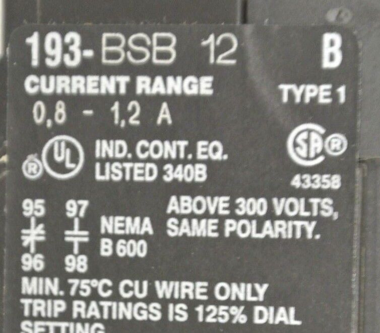 ALLEN-BRADLEY 193-BSB12 BIMETALLIC OVERLOAD RELAY 0.8-1.2A / NEW SURPLUS