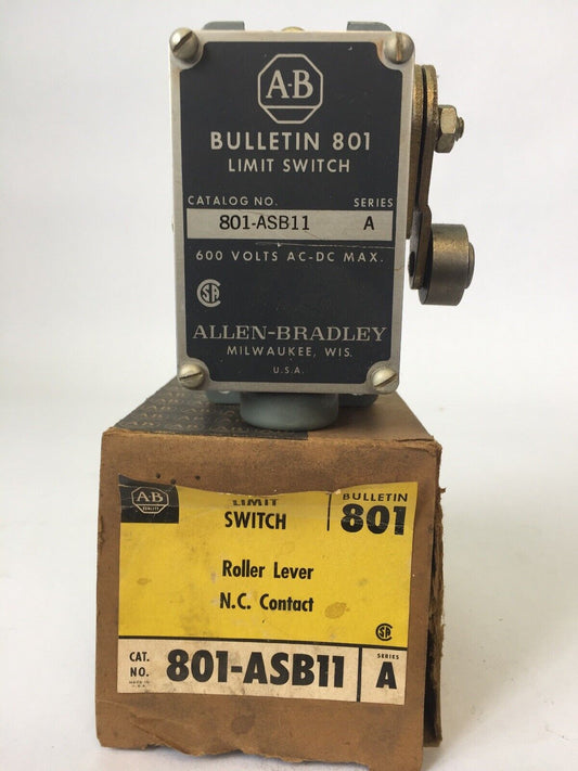 ALLEN BRADLEY 801-ASB11 LIMIT SWITCH ROLLER LEVER 600V AC/DC NC CONTACT