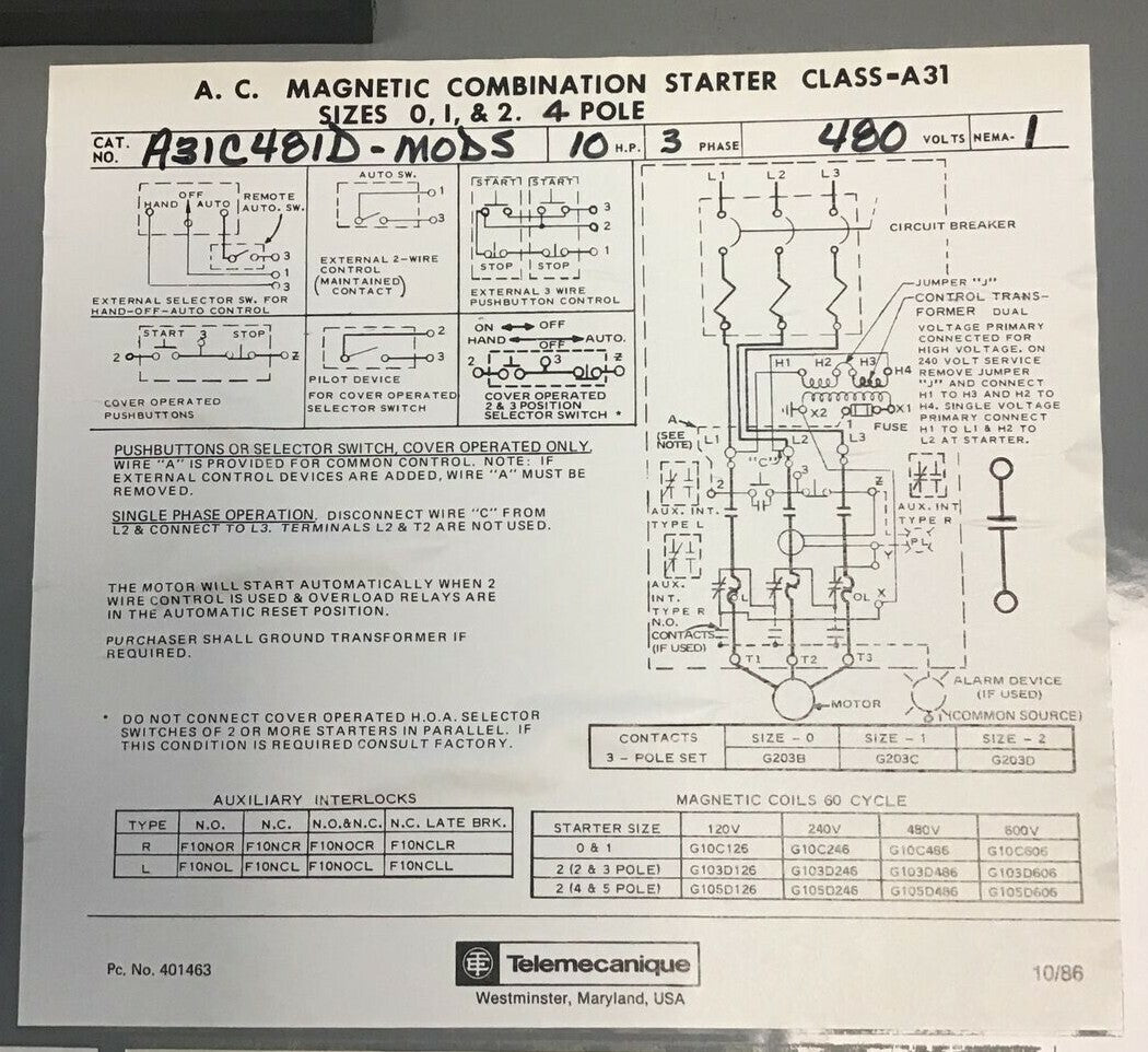 TELEMECANIQUE A31C481D-MOD5 COMBO MOTOR STARTER DISCONN.10HP 3PH 480V