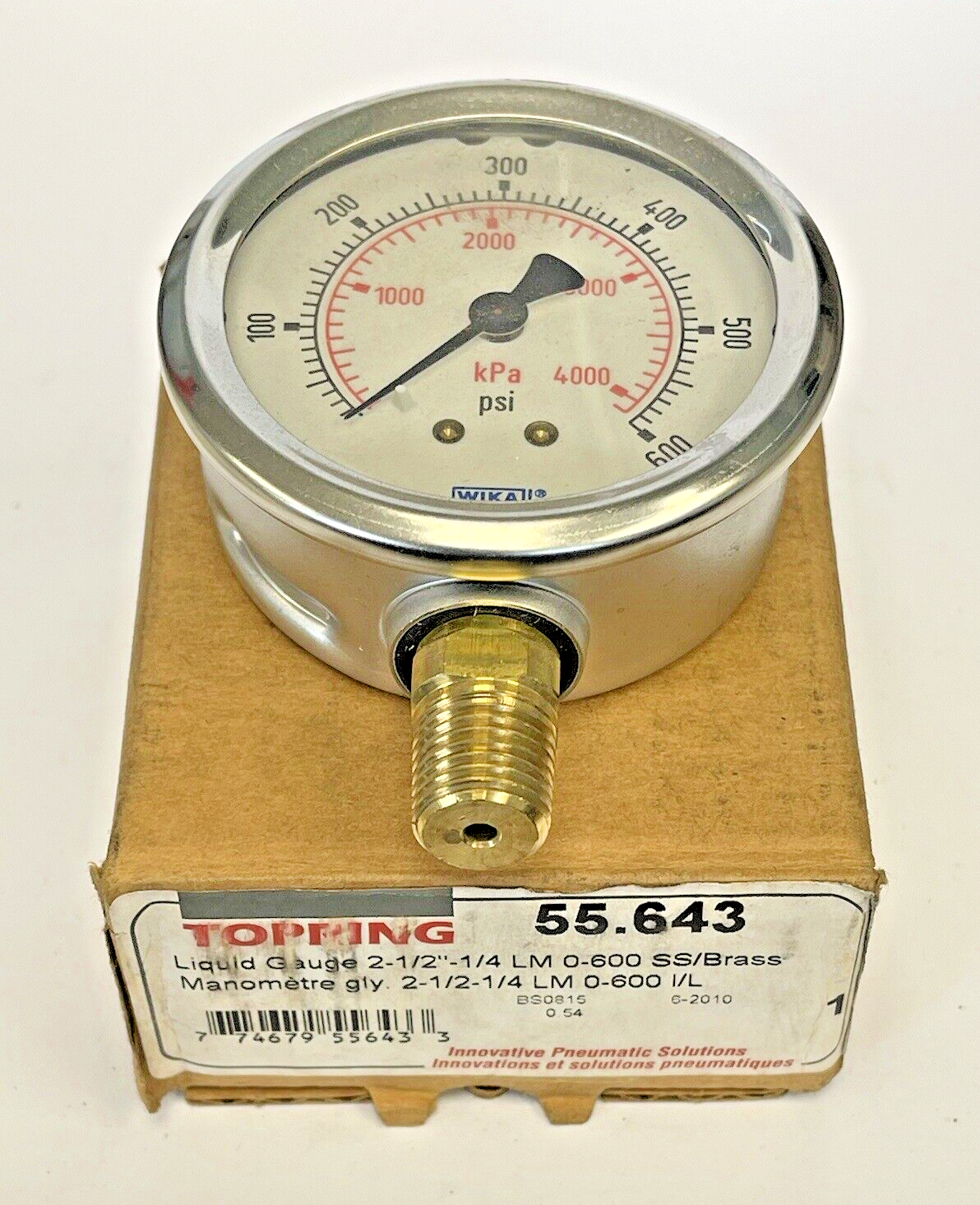 TOPRING - 55.643 - LIQUID GAUGE - 2.5" DIAMETER, 1/4" LM, 0-600 PSI - SS/BRASS