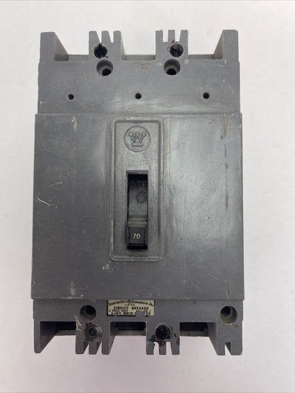 WESTINGHOUSE HFA3070 AB DE-ION CIRCUIT BREAKER 70AMP 600VAC 3POLE 504C748G25