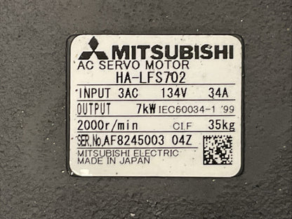 MITSUBISHI HA-LFS702 AC SERVO MOTOR 2000RPM OUTPUT  7kW INPUT 134VAC 34A