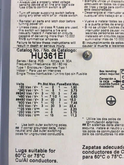 SQUARE D HU361EI NON FUSIBLE SAFETY SWITCH 30AMP 600VAC 600VDC SERIES F05 TYPE 1