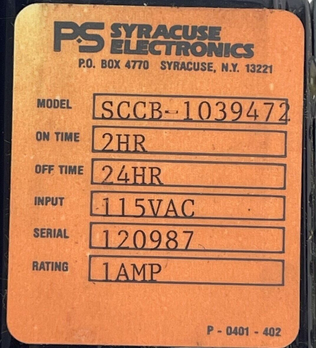 SYRACUSE ELECTRONICS SCCB-1039472 TIME DELAY RELAY 115VAC 1A ON TIME 2HR OFF TIM