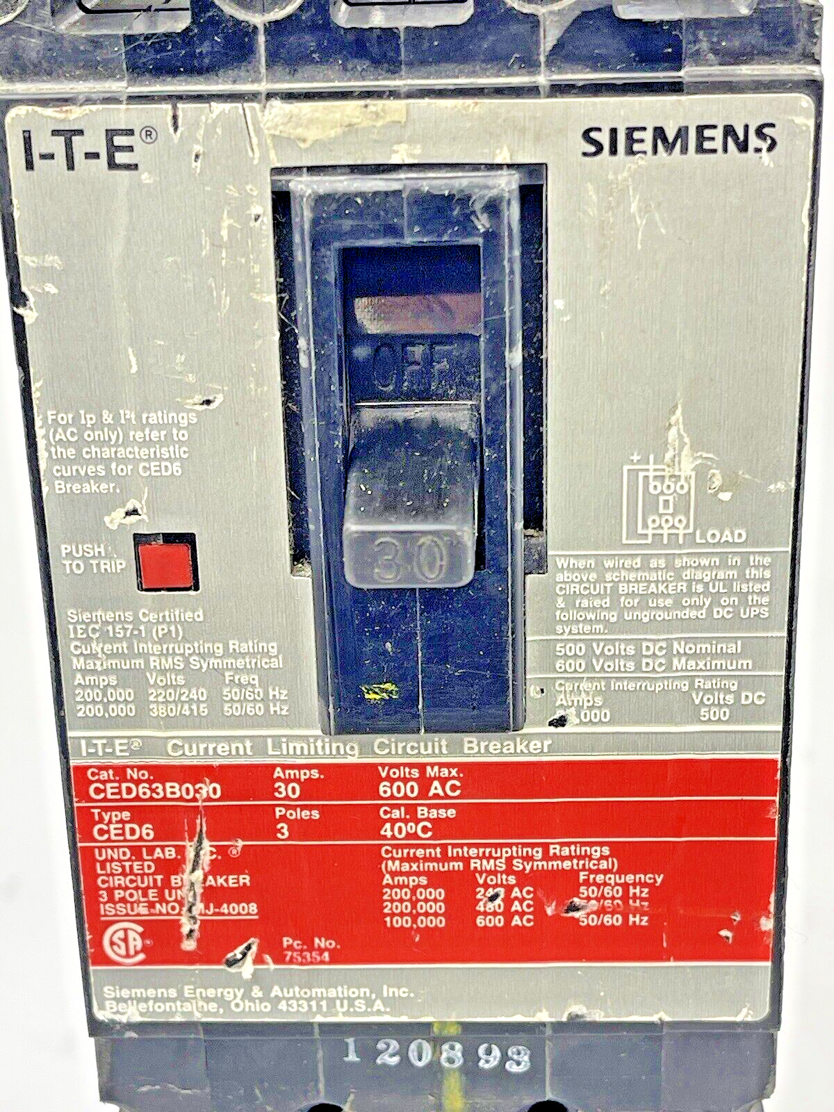 ITE - SIEMENS - CED63B030 - CIRCUIT BREAKER - 30 A, 600 VAC, 3 POLE, TYPE CED6