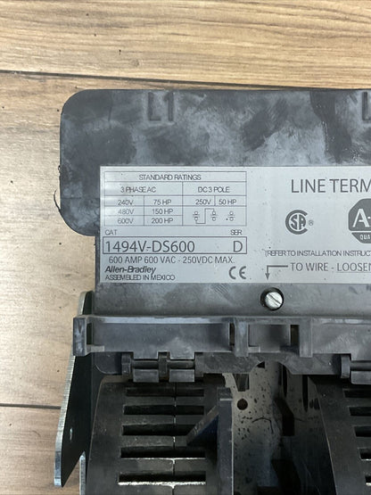 ALLEN BRADLEY 1494V-DS600 SER D DISCONNECT SWITCH 600A 600VAC 500HP 250VDC  50HP