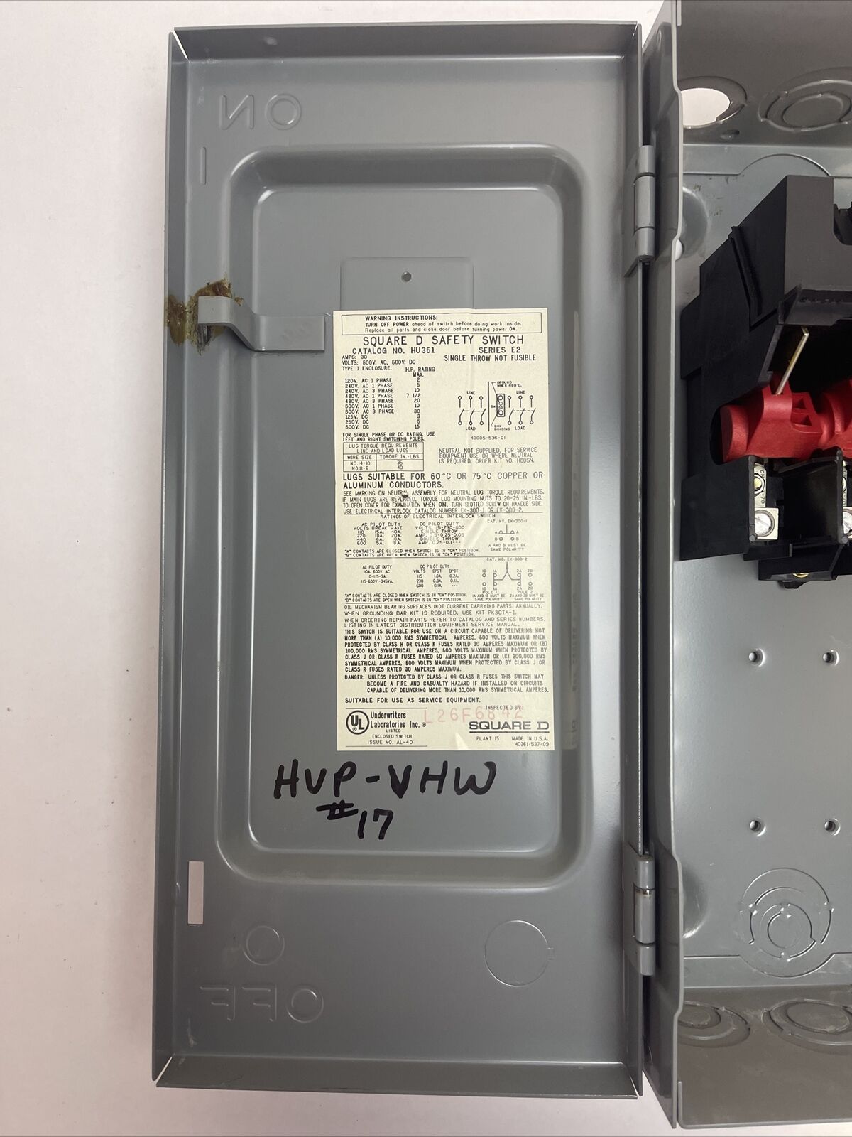 SQUARE D HU361 SERIES E2 SAFETY SWITCH 600V 30AMP 30HP NON-FUSIBLE 3P TYPE 1