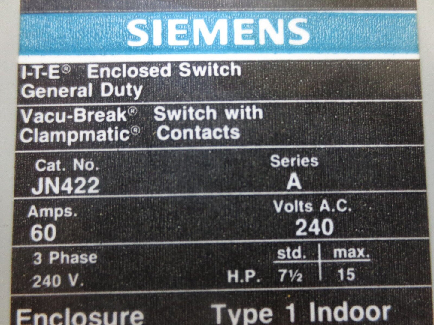 SIEMENS JN422 DISCONNECT SWITCH / SAFETY SWITCH 60A, 240VAC