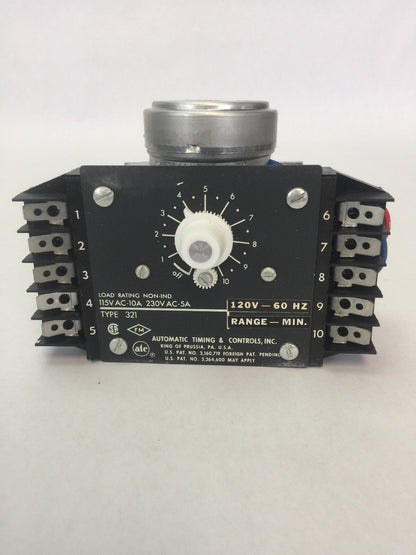 ATC 321B014A01F1XX TIME DELAY RELAY 120V 60HZ 0-10 MIN 115VAC 10A 230VAC 5A