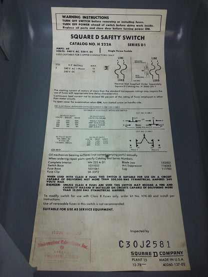 SQ.D H222A, SER. A2, H.D. SAFETY SWITCH, 240VAC/250VDC, 60A, 2P, FUSIBLE, NEW