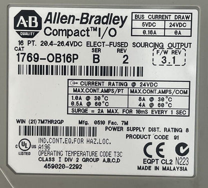 ALLEN BRADLEY 1769-OB16P SER B REV 2 F/W REV 3.1 COMPACT I/O 16PT 20.4-26.4VDC