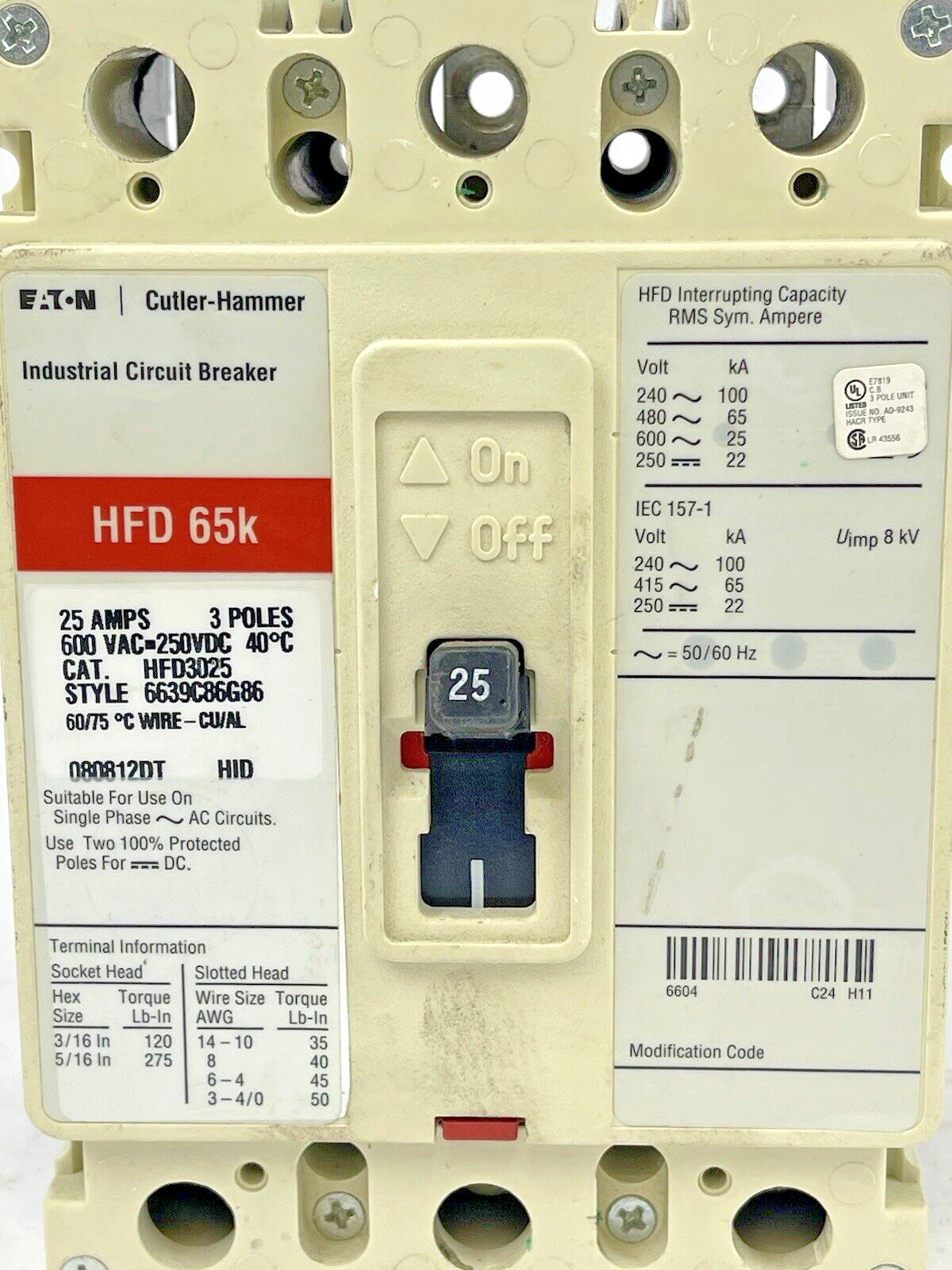 CUTLER-HAMMER - HFD3025 - INDUSTRIAL CIRCUIT BREAKER - 25 AMP, 600 VAC, 3 POLE