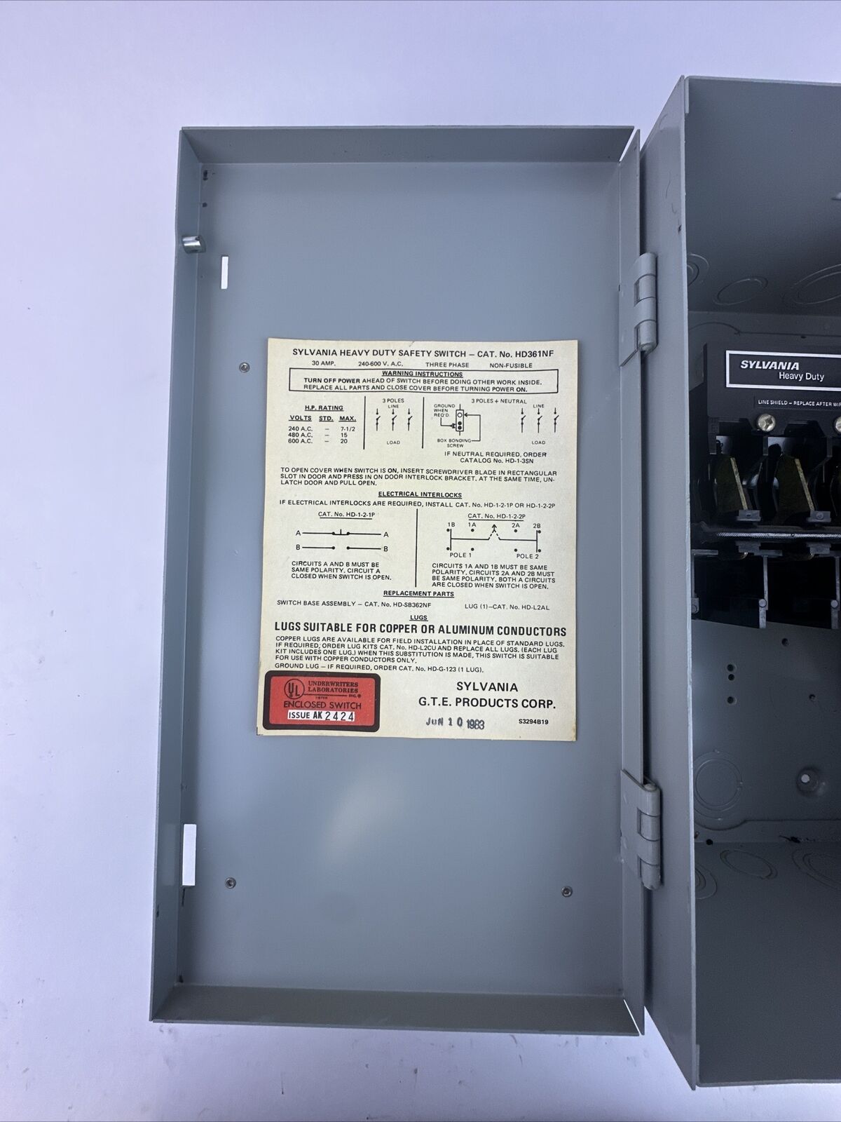 SYLVANIA HD361NF SAFETY SWITCH NON-FUSIBLE 30AMP 240-600VAC 3PH 20HP MAX
