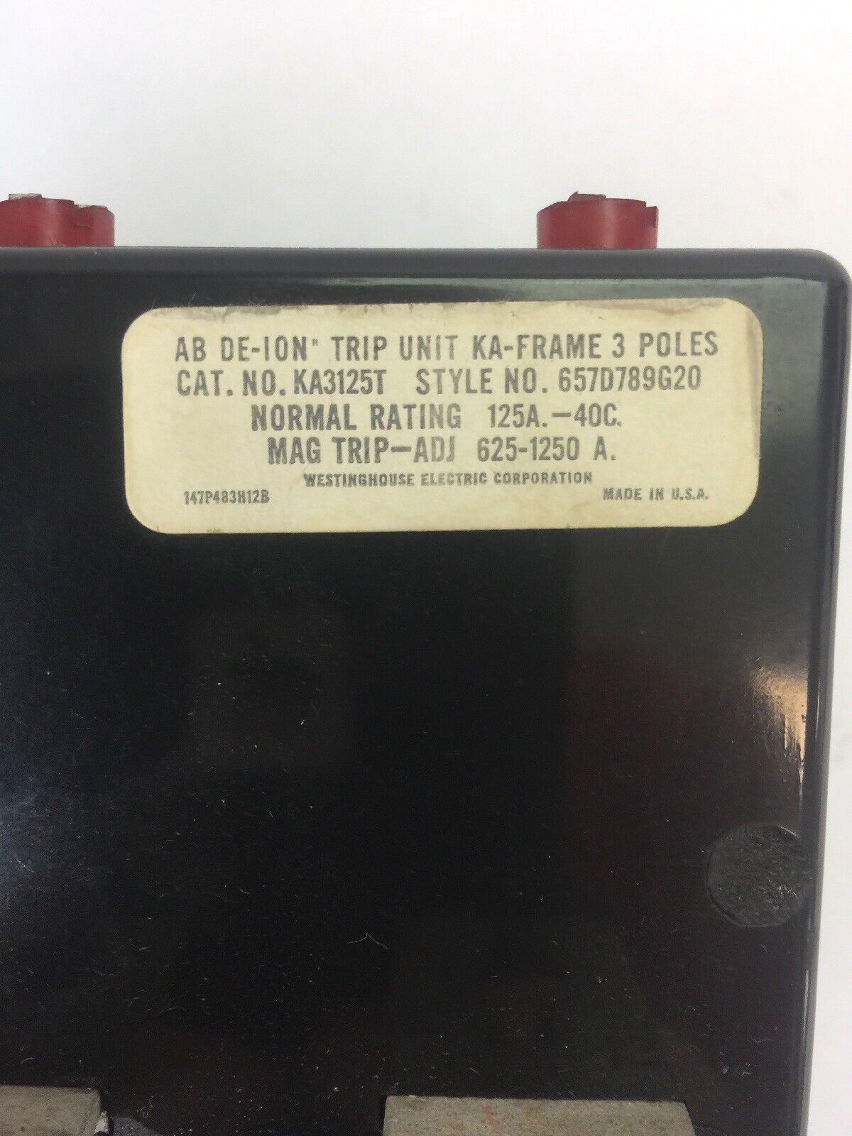WESTINGHOUSE KA3125T 125A TRIP UNIT 3POLE MAG TRIP-ADJ 625-1250A
