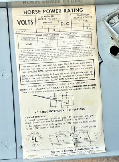 ITE V7B3211R VACU-BREAK SWITCH 30A 3POLES 3PH 240V