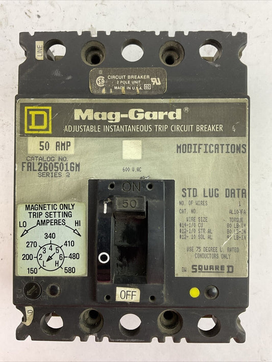 SQUARE D FAL2605016M SERIES 2 600VAC 50AMP 2POLE MAG-GARD ADJ INSTANTANEOUS TRIP
